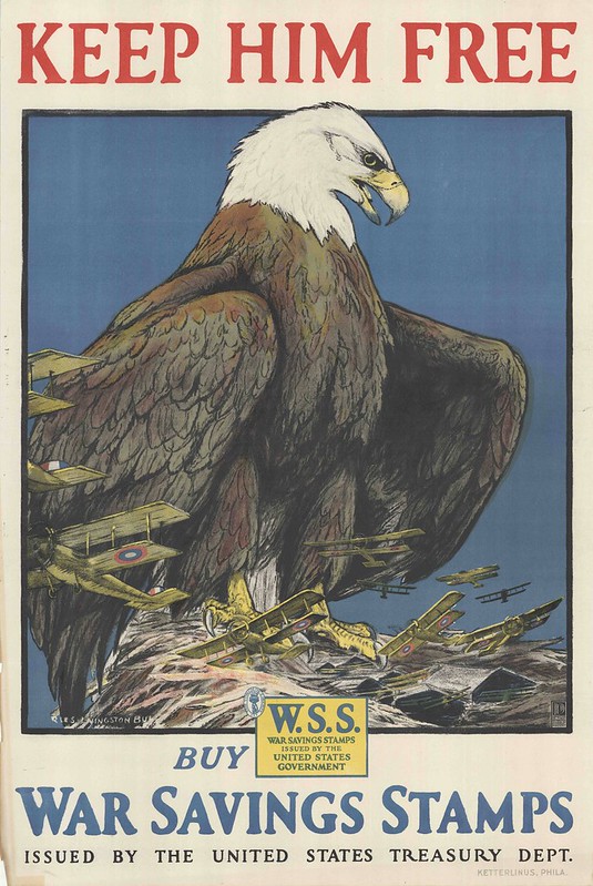 illustrated eagle with war planes under its talons