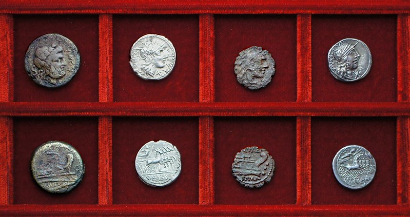 RRC 269 C.METELLVS Caecilia semis, RRC 273 Q.FABI Fabia denarius, quadrans, RRC 275 M.FAN C.F. Fannia denarius, Ahala collection, coins of the Roman Republic