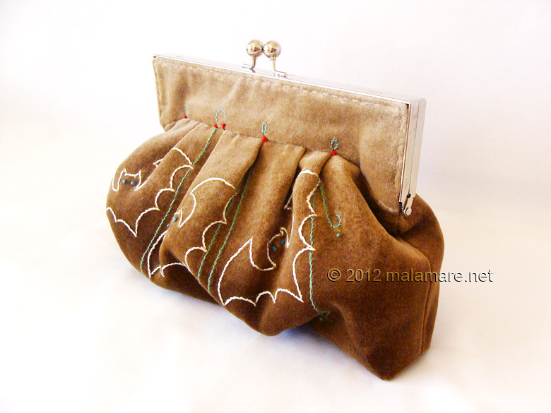 Brown velvet clutch bag with bat hand embroidery and purse frame folds