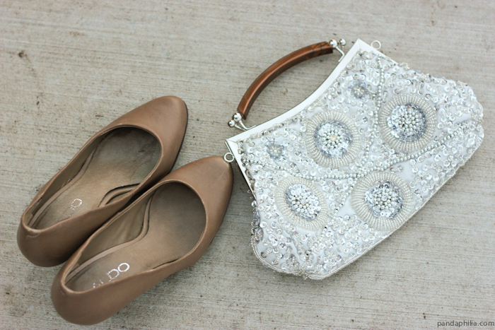 sequin clutch and nude pumps