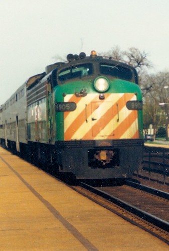 Westbound Burlington Northern Railroad /  Early Metra local commuter train arriving at the Harlem Avenue station.  Berwyn Illinois.  April 1988. by Eddie from Chicago