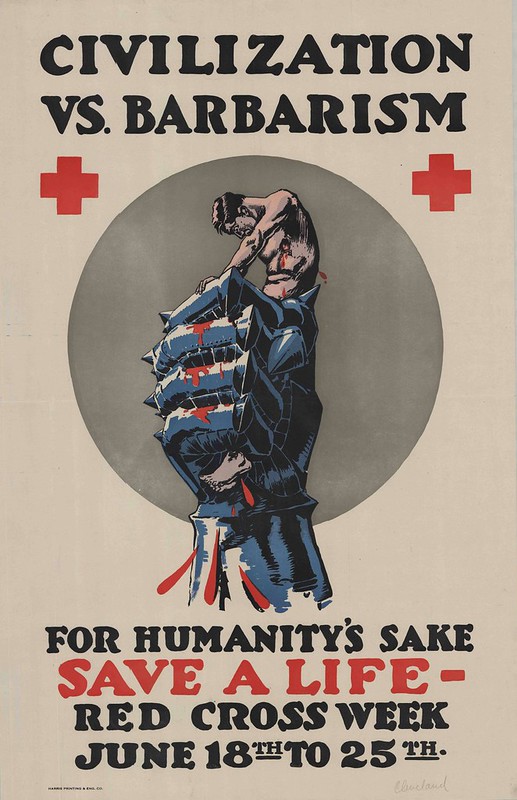 propaganda poster with severe illustration of bleeding man in grip of metal fist