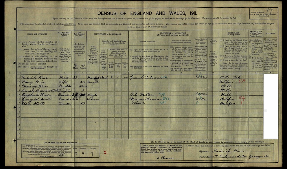 Joseph S Hair 1911 census