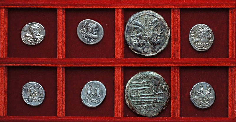 RRC 329 LENT MAR.F. P.E.S.C. Cornelia denarii, as, RRC 330 PISO CAEPIO Q. AD FRV EMV EX SC, Calpurnia, Ahala collection, coins of the Roman Republic