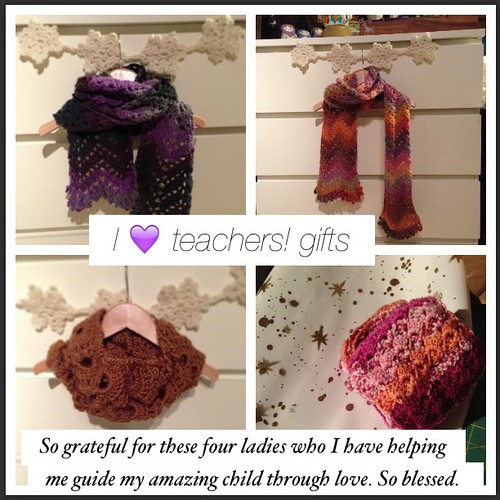 I made each teacher a scarf. They take tiny girl and her friends on nature walks, out for winter gardening, pushes on swings... All winter long. They are the sweetest most amazing women! So grateful to have them. Teachers help us raise our children. Grate