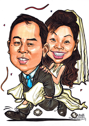 Wedding couple piggy back caricatures