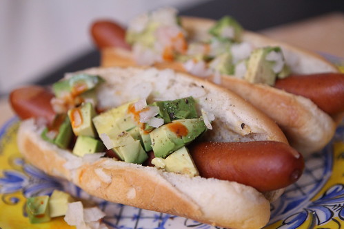 Hot Dogs with Avocado, Onion, Pale Ale Mustard, Hot Sauce, and Celery Salt