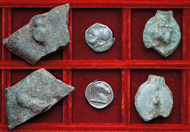 RRC 005 Aes Signatum bull-bull bar, RRC 13 Mars horsehead Didrachm, RRC 14 Aes Grave sextans, uncia, Ahala collection, coins of the Roman Republic