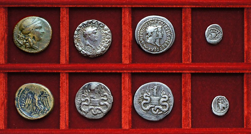 RRC 550 Q.OPPIVS PR Oppius dupondius, HCRI 262 HCRI 263 Antony Octavia cistophorus, Octavian HCRI 315A quinarius, Ahala collection, coins of the Roman Republic