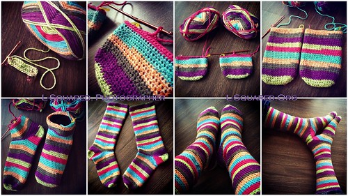 8 photos showing the progress of these colorful striped mid-calf high socks from the first couple of rounds of the toe to working the heels half-way done, to the completed socks on my feet.