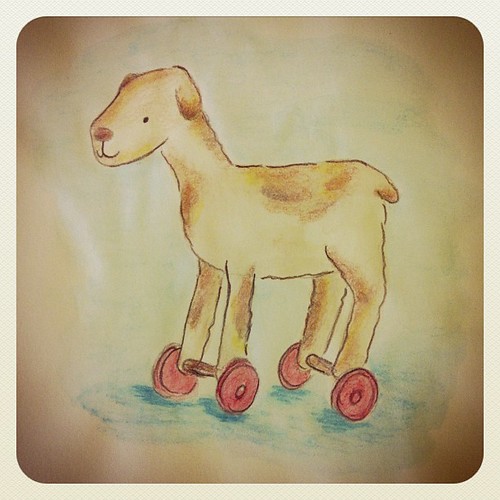 Dog on wheels watercolor.