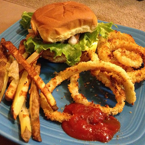 #homemade #chickpea #pinto #bean #burger #french #fries #onion #rings #vegan #vegetarian by Andrew Rogge