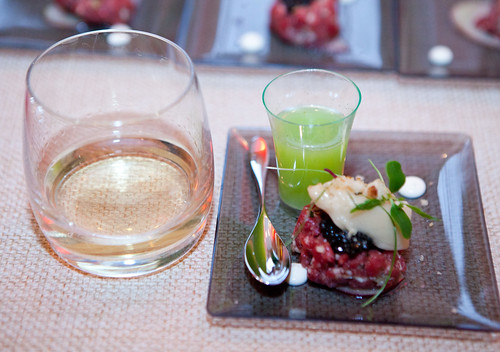 Beef Tartare with Oestra caviar, Apple Sorbet and Green Apple-Vanilla Vodka Shot