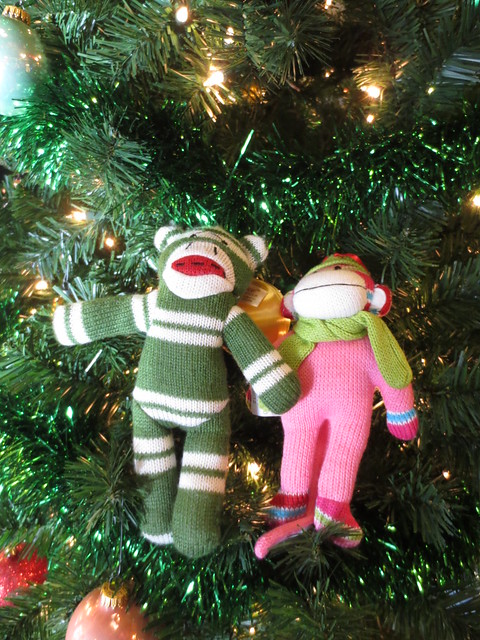 Sock Monkey and Scarf Monkey in a tree