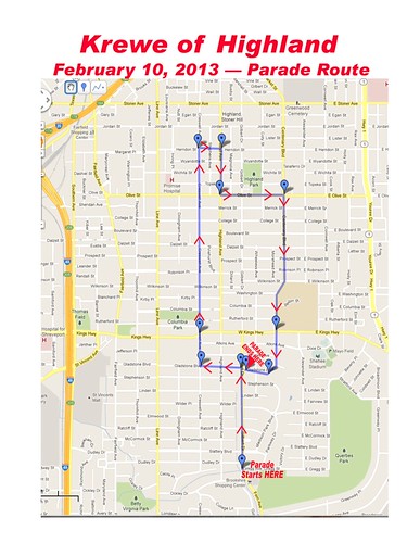 New, extended route for Krewe of Highland Parade on 2.10.13 by trudeau
