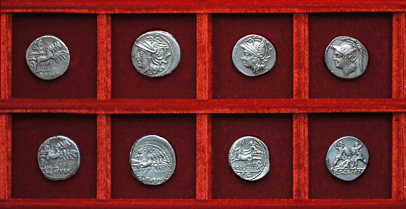 RRC 317 L.SATVRN Appuleia denarii, RRC 318 C.COIL CALD Coelia, RRC 319 Q.THERM M.F. Minucia, Ahala collection, coins of the Roman Republic