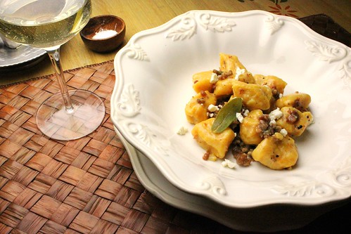 Butternut Squash Ricotta Gnocchi with Crumbled Sausage, Sage and Goat Cheese