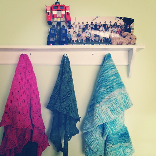 Yay! Jay hung a shelf & now my shawls can be admired! (Not sure what will go on the shelf, this was just silliness)