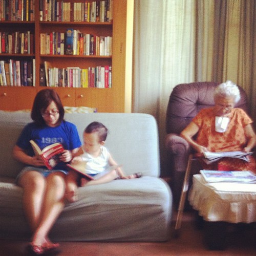 Great-grandma reading news. Me reading Library Confidential. Timmy reading The Book That Eats People. Reading is fun!