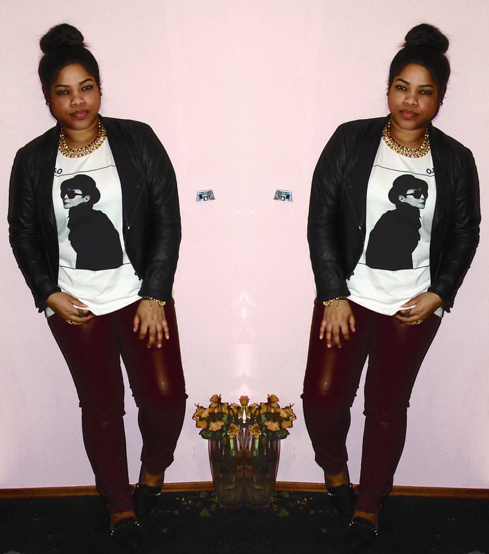 Zara, Yoko Ono, Vero Moda, H&M, OOTD, Outfit of the day, What I was wearing, Leather pants, Red leather pants, spiked loafers, loafers, T-shirt, High Bun
