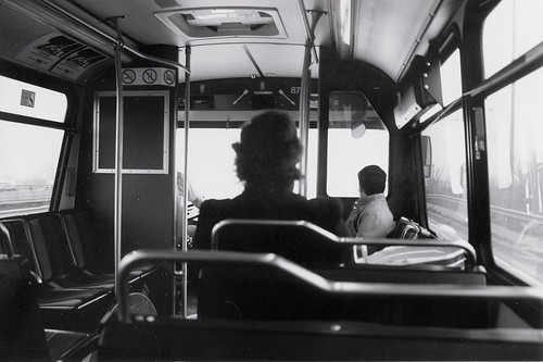 Interior view inside a Pace 40 foot Orion transit bus.  Mc Cook Illinois.  March 1989. by Eddie from Chicago