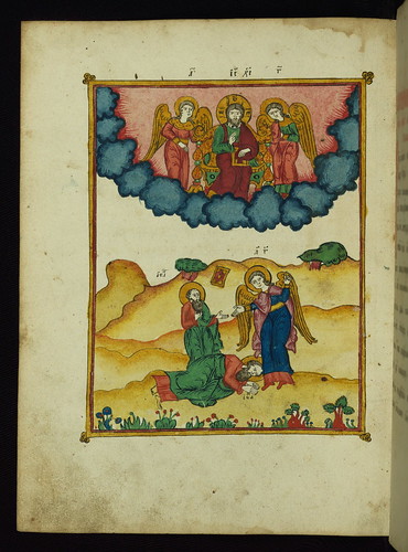 Apocalypse with Patristic commentary, St. John falls to the ground before the angel of his vision, Walters Manuscript W.917, fol. 225v by Walters Art Museum Illuminated Manuscripts