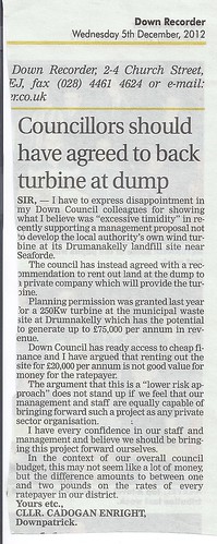 Down Council wastes financial opportunity with renewable energy at Drumnakelly - 5th Dec 2012 by CadoganEnright