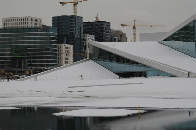 Oslo Opera House with background barcode buildings
