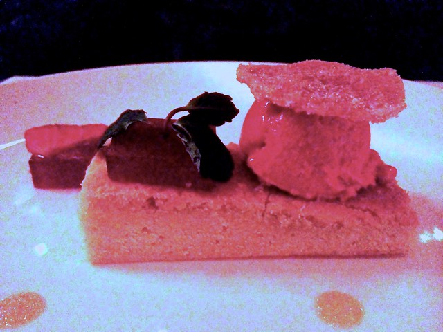 Lemon olive oil shortcake with raspberry sorbet, strawberry pate de fruits and puffed vanilla bean rice pudding