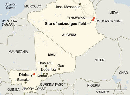 Map of gas field at Amenas in Algeria where a BP installation was seized by combatants. An attempt to end the takeover has resulted in the deaths of at least 50 people. by Pan-African News Wire File Photos