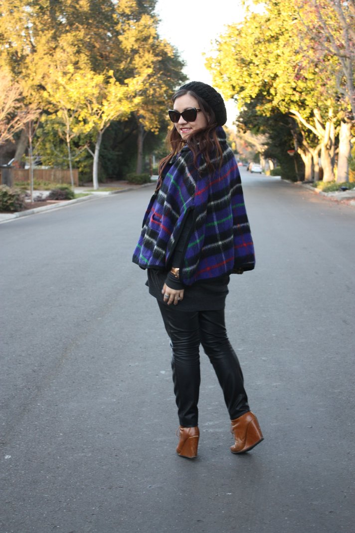 SF Bay Area Fashion and Lifestyle Blog: plaid cape, slouchy beanie, leather skinny pants, brown lace-up wedge booties, house of harlow sunglasses, sequin zara clutch
