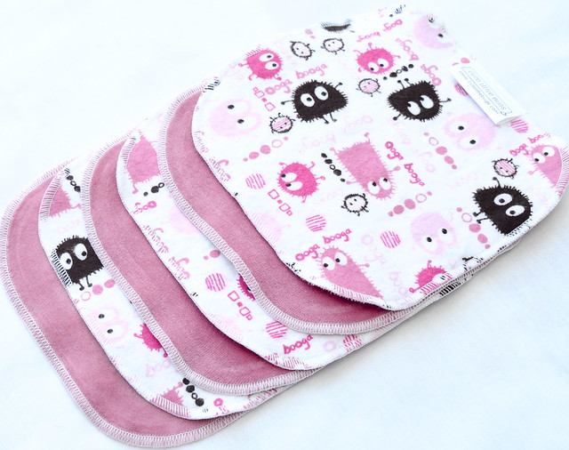 Cotton Velour and Flannel Cloth Wipes<br>Set of 6 6.5"<br><b>Pink Ooga Booga</b>