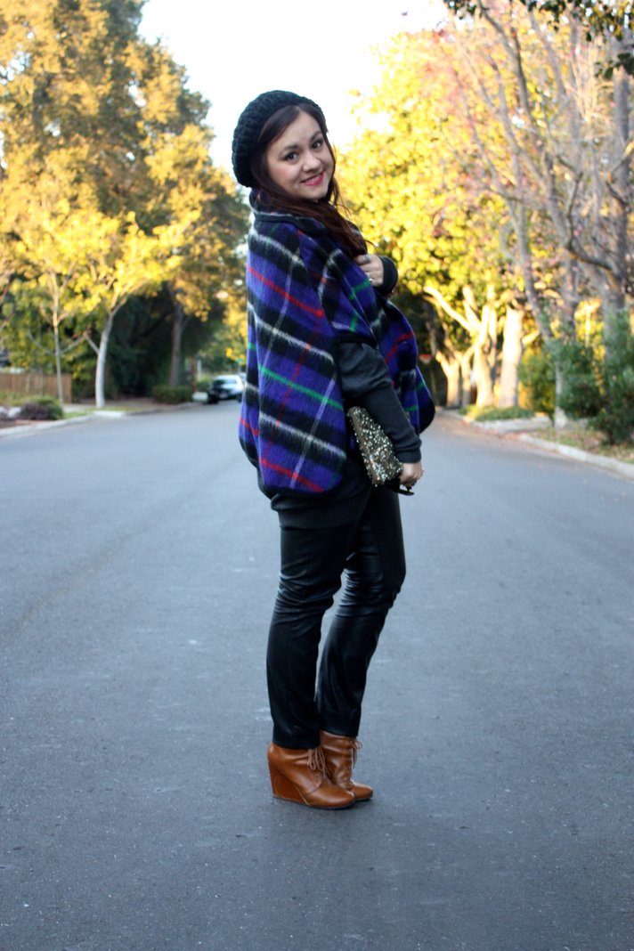 SF Bay Area Fashion and Lifestyle Blog: plaid cape, slouchy beanie, leather skinny pants, brown lace-up wedge booties, sequin zara clutch