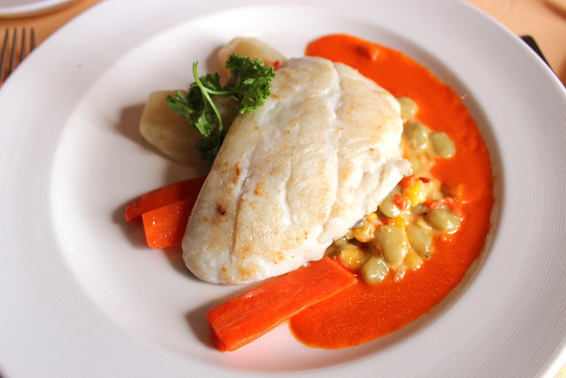 Sauteed Red Snapper on Bell Pepper Puree with succotash and roasted potatoes