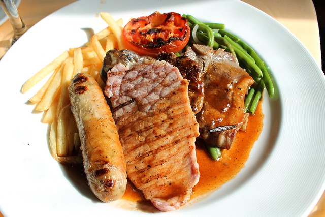 London Mixed Grill with beef medallion, veal kidney, lamb chop, English banger freen beans and shoestring potatoes