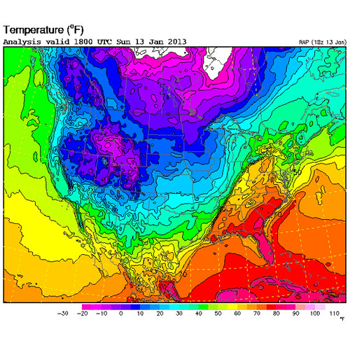 Surface temperature map of the United States, from the RUC analysis at 1800 UTC on 13 January 2013; Image courtesy of RAL Real-Time Weather Data