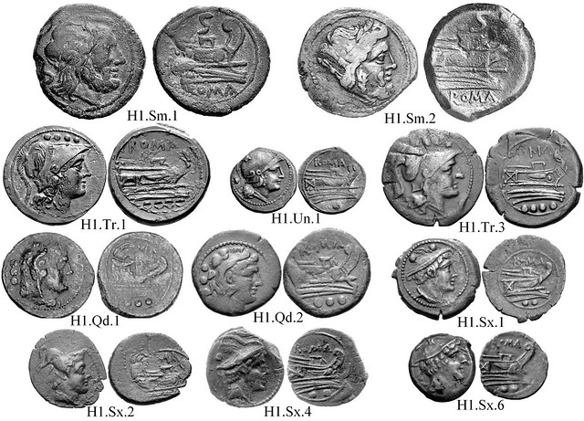 H1 Roman Republican Anonymous struck bronzes McCabe group H1, RRC56 Half-weight fractions, overstrikes on Punic bronzes. Styles derivative from various issues of groups G. 15-20 gram As.