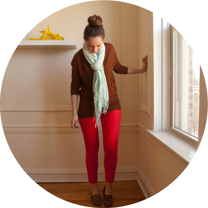 april outfit, ootd, red pants, j.crew winnie pants, red skinny trousers, red with brown, red and mint, spring outfits, casual work outfits, scarf, what to wear with, outfit ideas