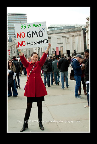Groovy woman with "99% say No GMO & No Monsanto" sign at World Pillow Fight Day at Trafalgar Square-49