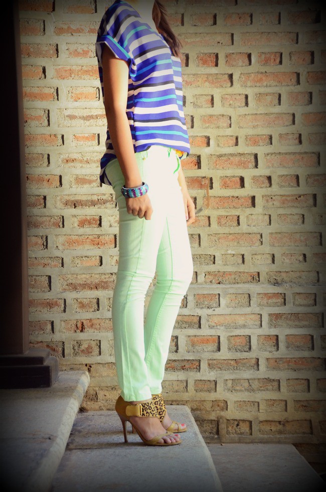 neon fashion, striped shirt, leopard shoes