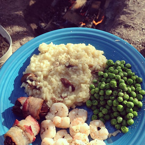 Creamy risotto, buttery peas, garlicky shrimp, bacon wrapped dates and a campfire.