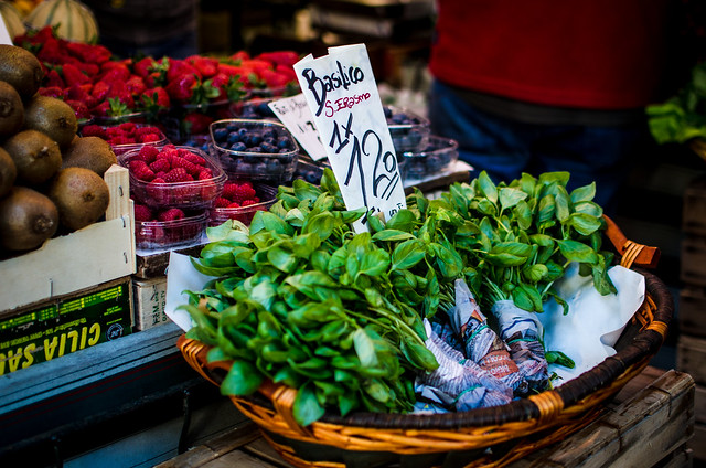 Basil and more in Venice at the canalside Rialto Market.