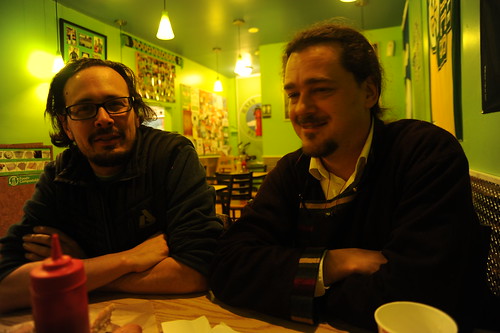 Friends Scott and David, in the green room, Rain City Burgers, Roosevelt, Seattle, Washington, USA by Wonderlane