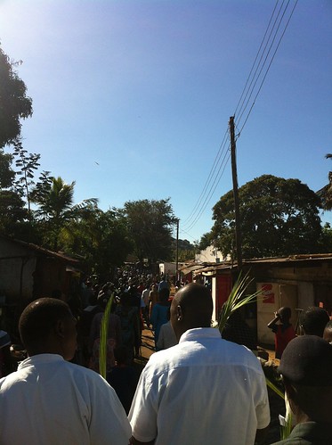 Palm Sunday procession from church through the neighborhood. There were probably 100 people processing and singing.