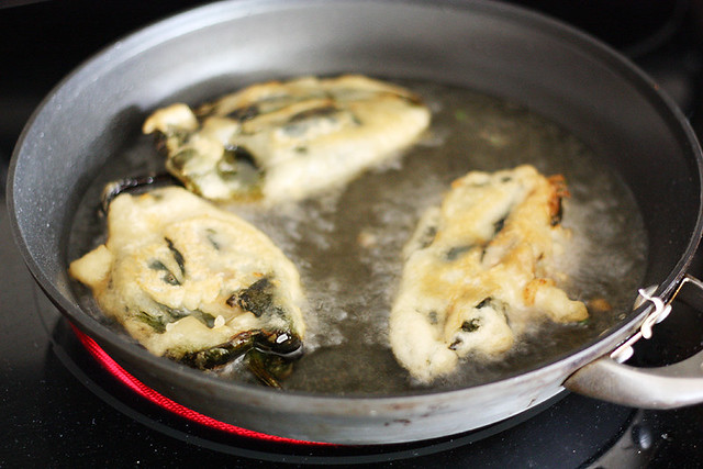 frying the poblanos