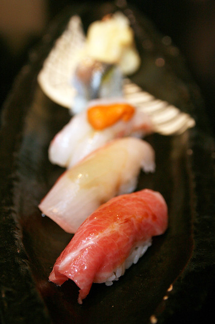 Edomae Style Sushi - Toro, Botan Ebi with Sea Urchin and Gohata Sushi