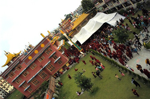 Tharlam Monastery of Tibetan Buddhism, traditional architecture, courtyard, sangha, monks, nuns, tent, Sakya Lamdre, Boudha, Kathmandu, Nepal by Wonderlane