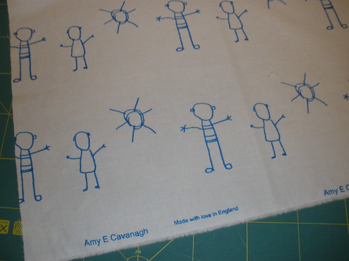 Handprinted fabric - kids and sun TURQUOISE ink
