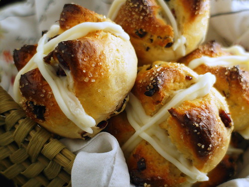 Close up of Cranberry Cream Cheese Hot Cross Buns.