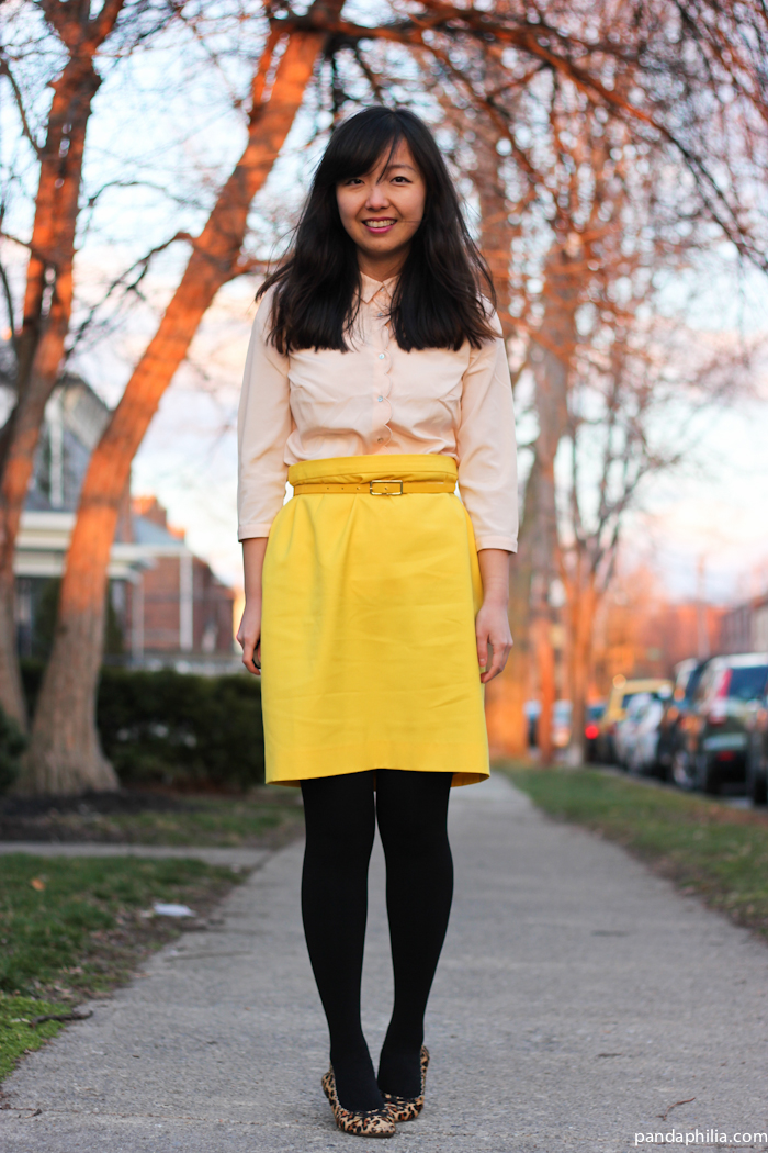 pink scallop blouse yellow pencil skirt